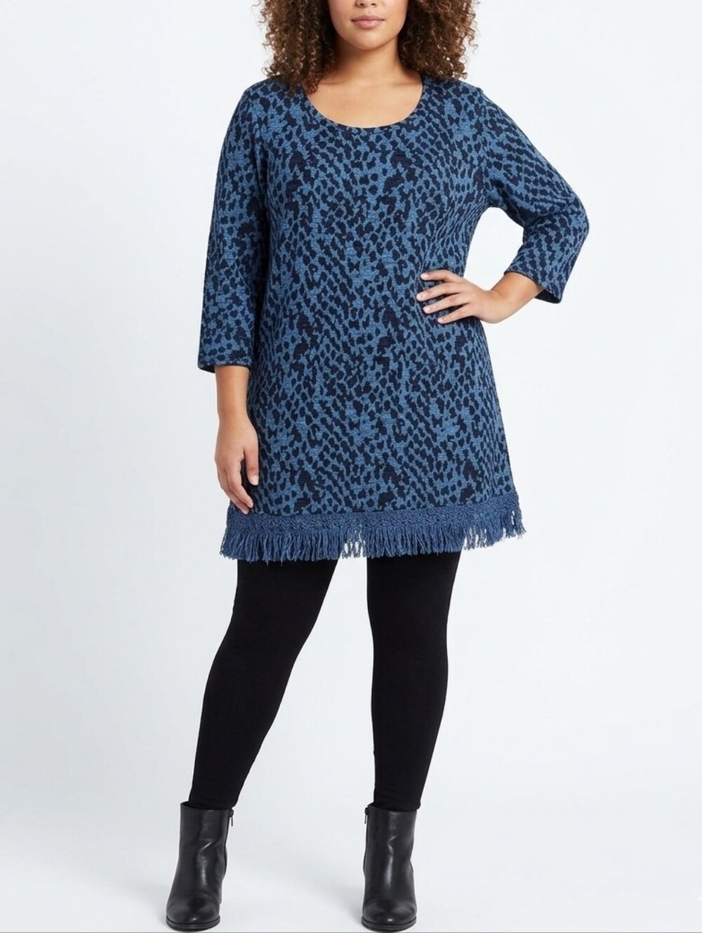 Style & Co Blue Scoop Neck Animal Print Fringed Tunic Sweater Size XXL